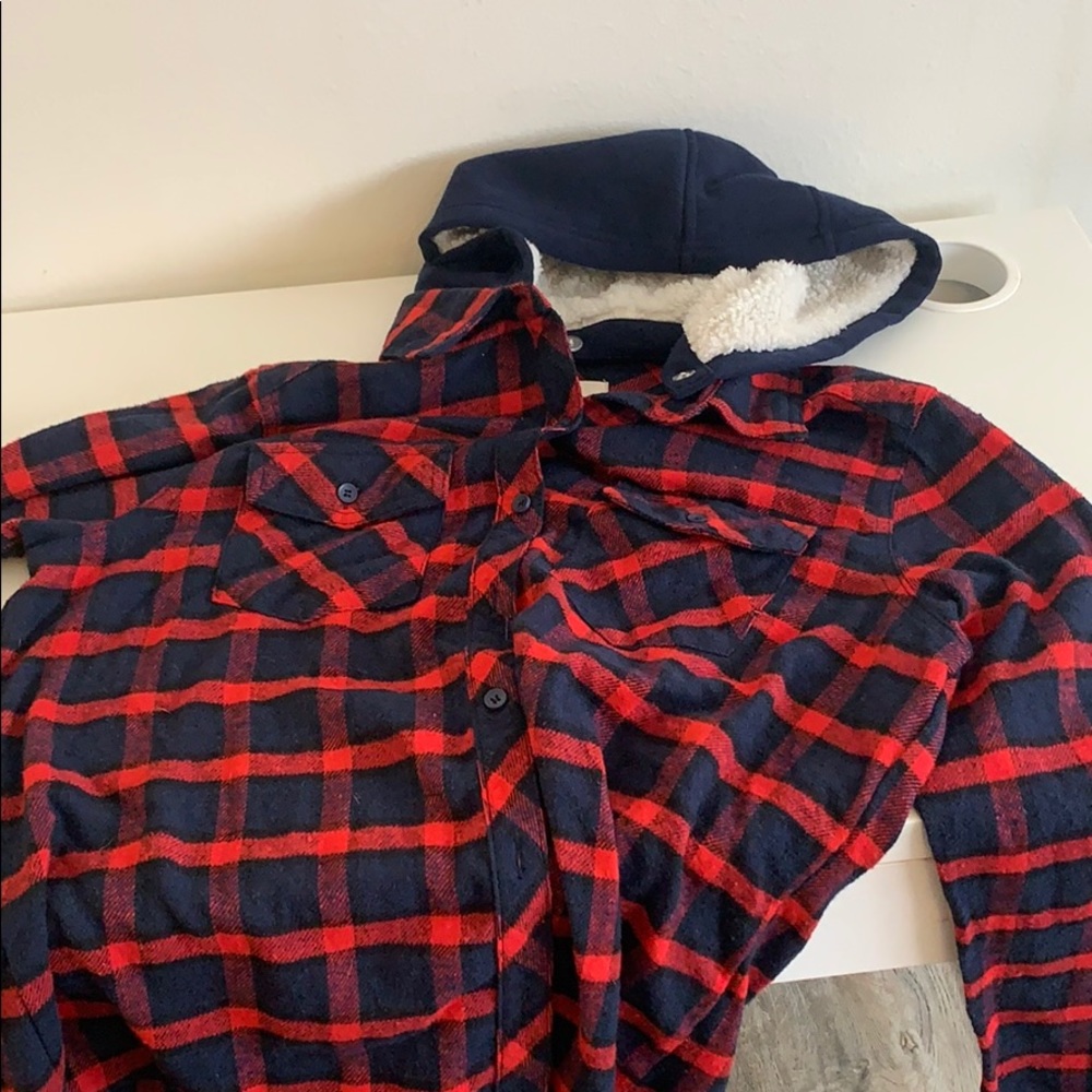 blue and red flannel jacket